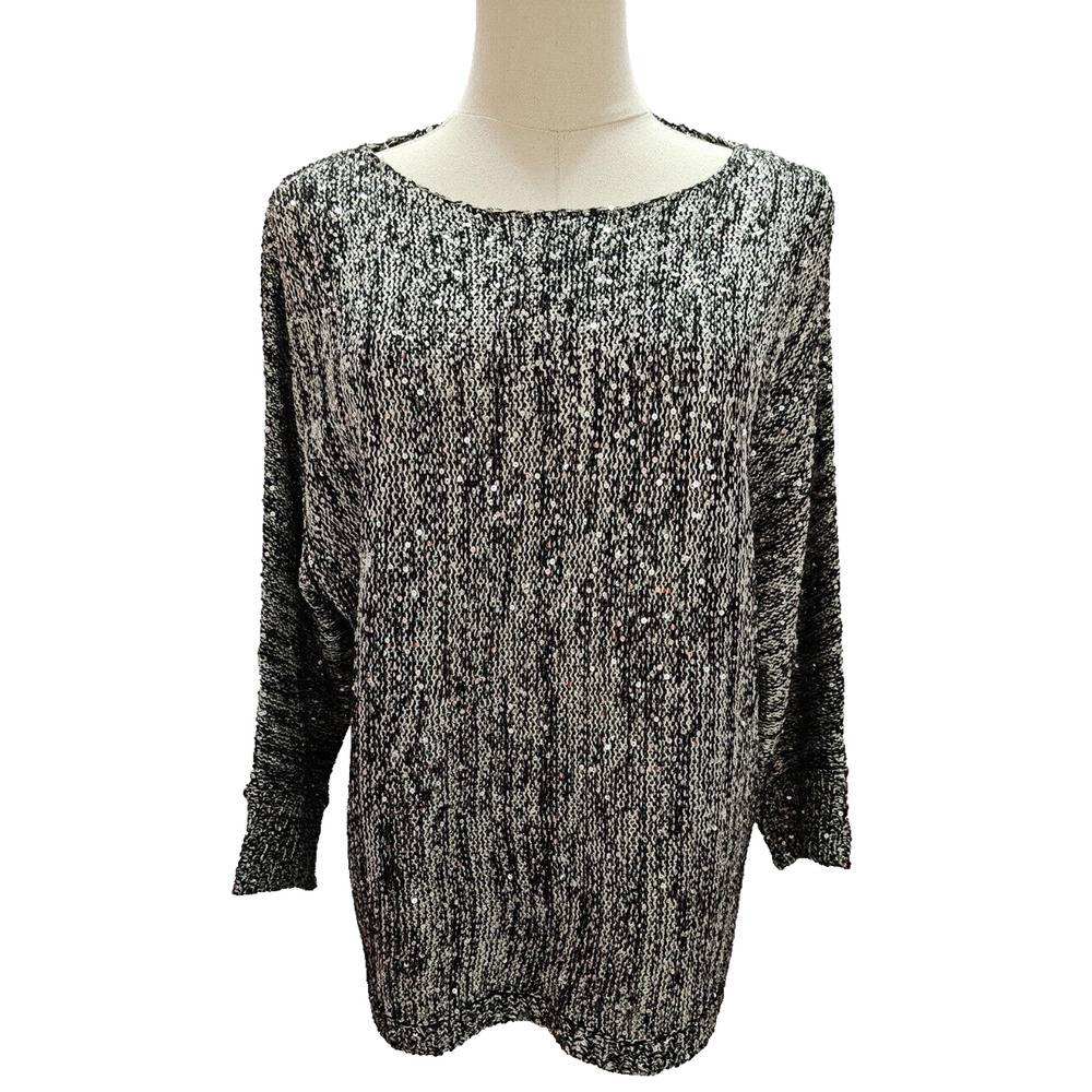 Chicos Sz 2‎ Sweater White Black Sequin Raglan Pullover 3/4 Sleeve Boat Neckline